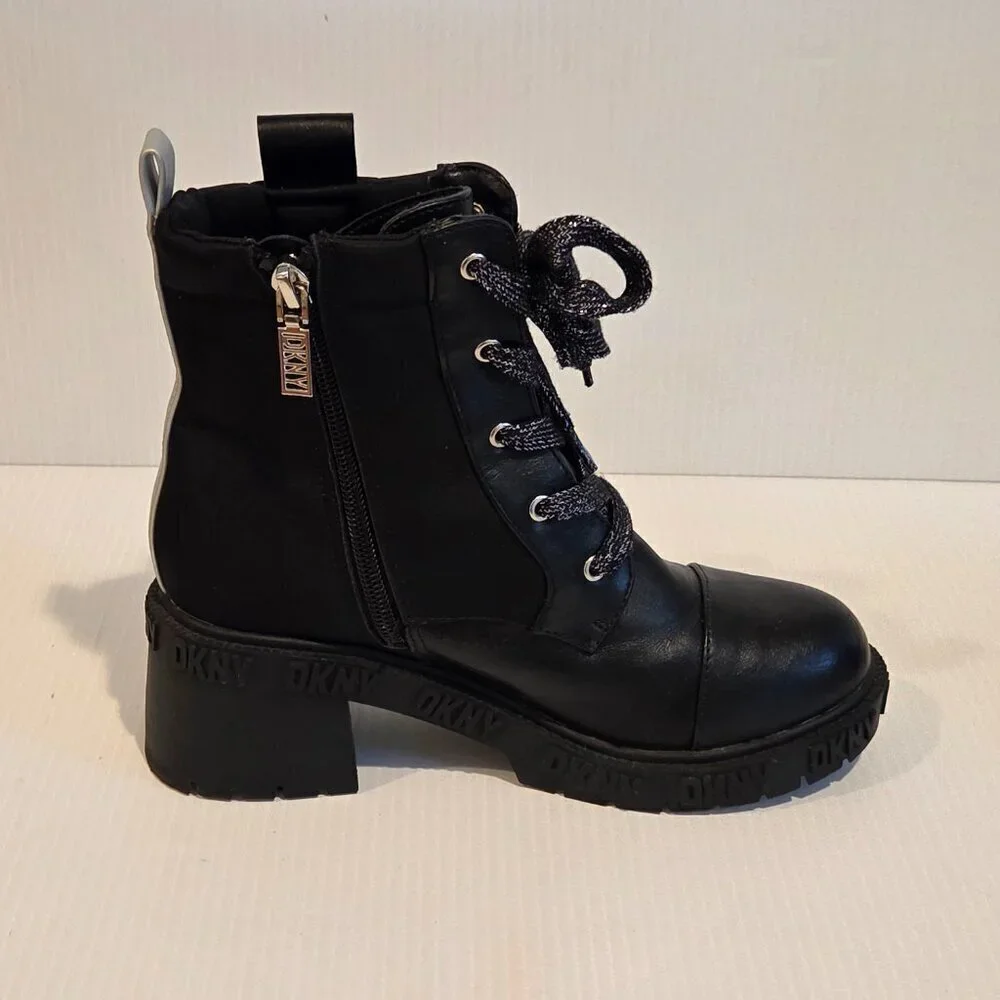 DKNY Girls Haley Block Heel Combat Military Black Boots Size 3 Chunky Heel